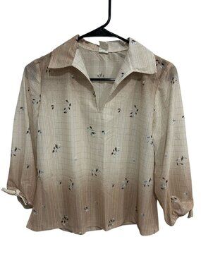 Small Beige Wide Collar Pullover Blouse Gold Grid 3/4 Sleeves Retro Vintage